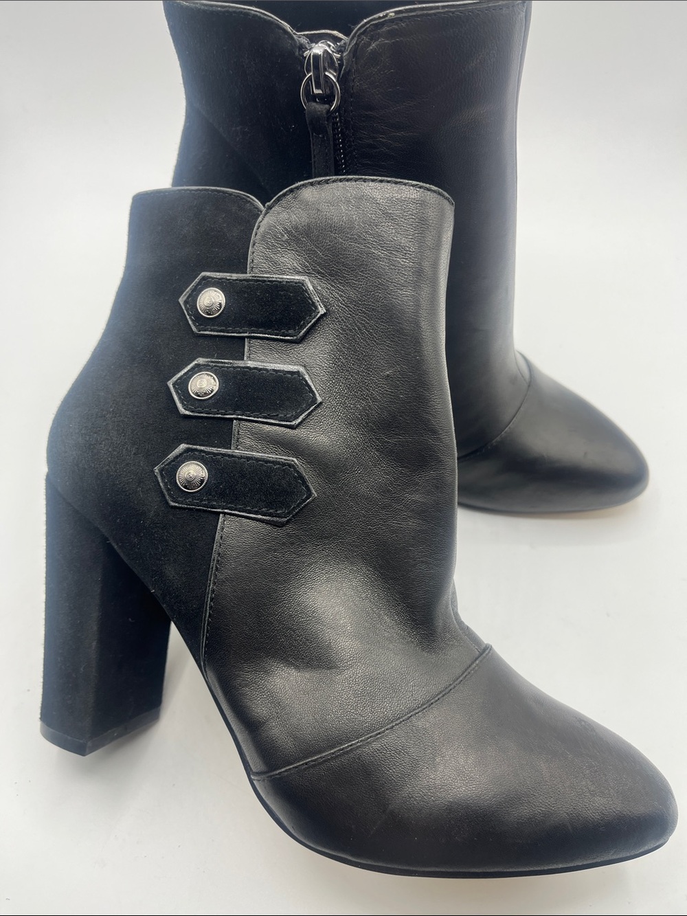 White House Black Market Black Leather & Suede Block Heel Ankle Boots